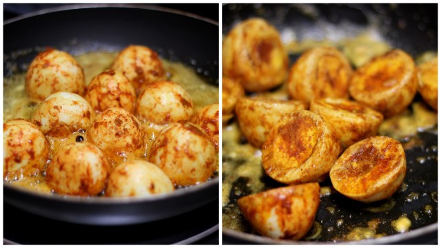 sauteing spiced hard boiled eggs