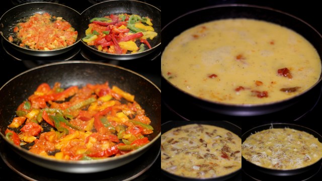 frittata step-by-step - sauteing veggies and adding eggs and meat