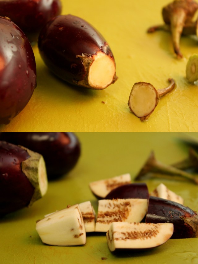 eggplants cut up for Indian eggplant / brinjal masala