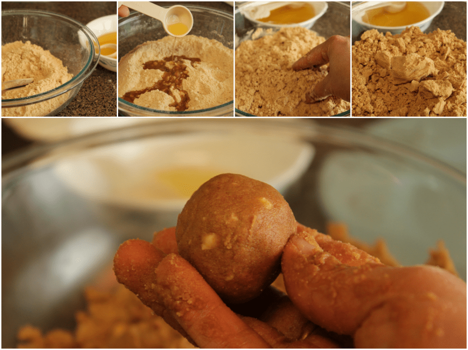 preparing atta laddu by adding ghee to roasted wheat flour