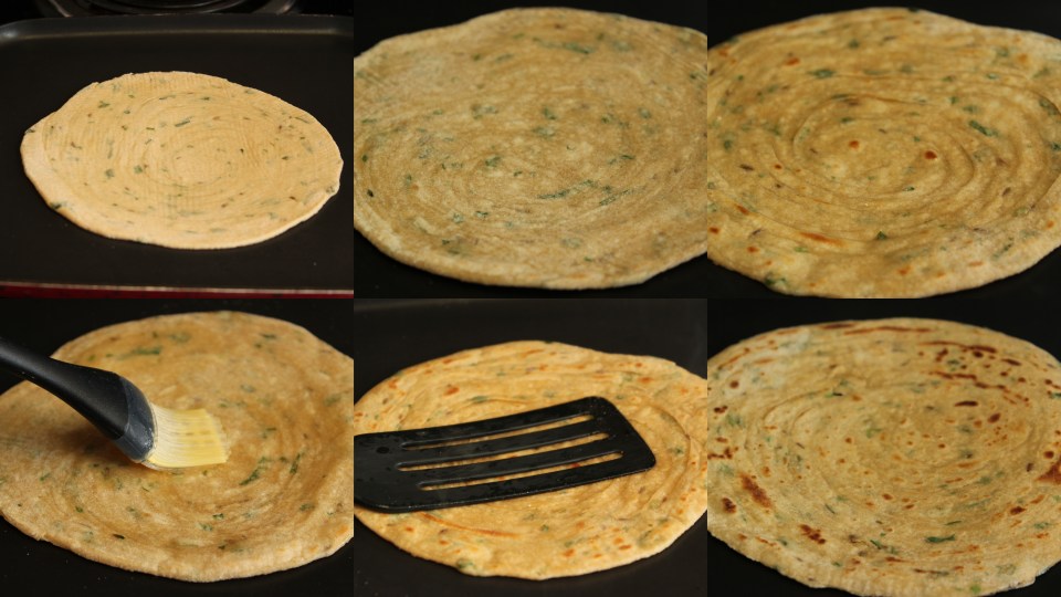 Making layered laccha parathas on a girdle