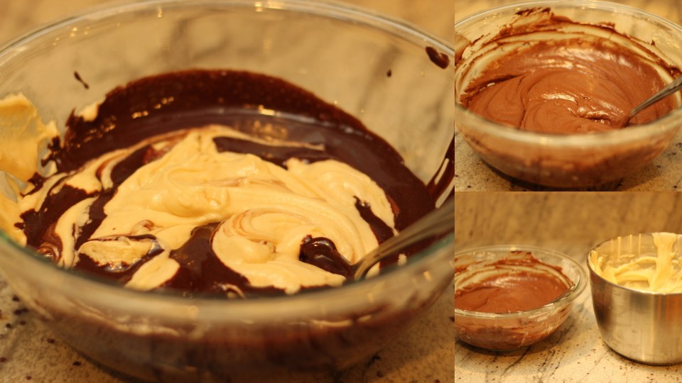 Making the vanilla and chocolate batter for the zebra bundt cake